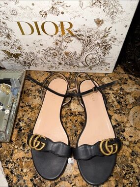 Gucci Black Leather Slingback Sandals with Gold Double G